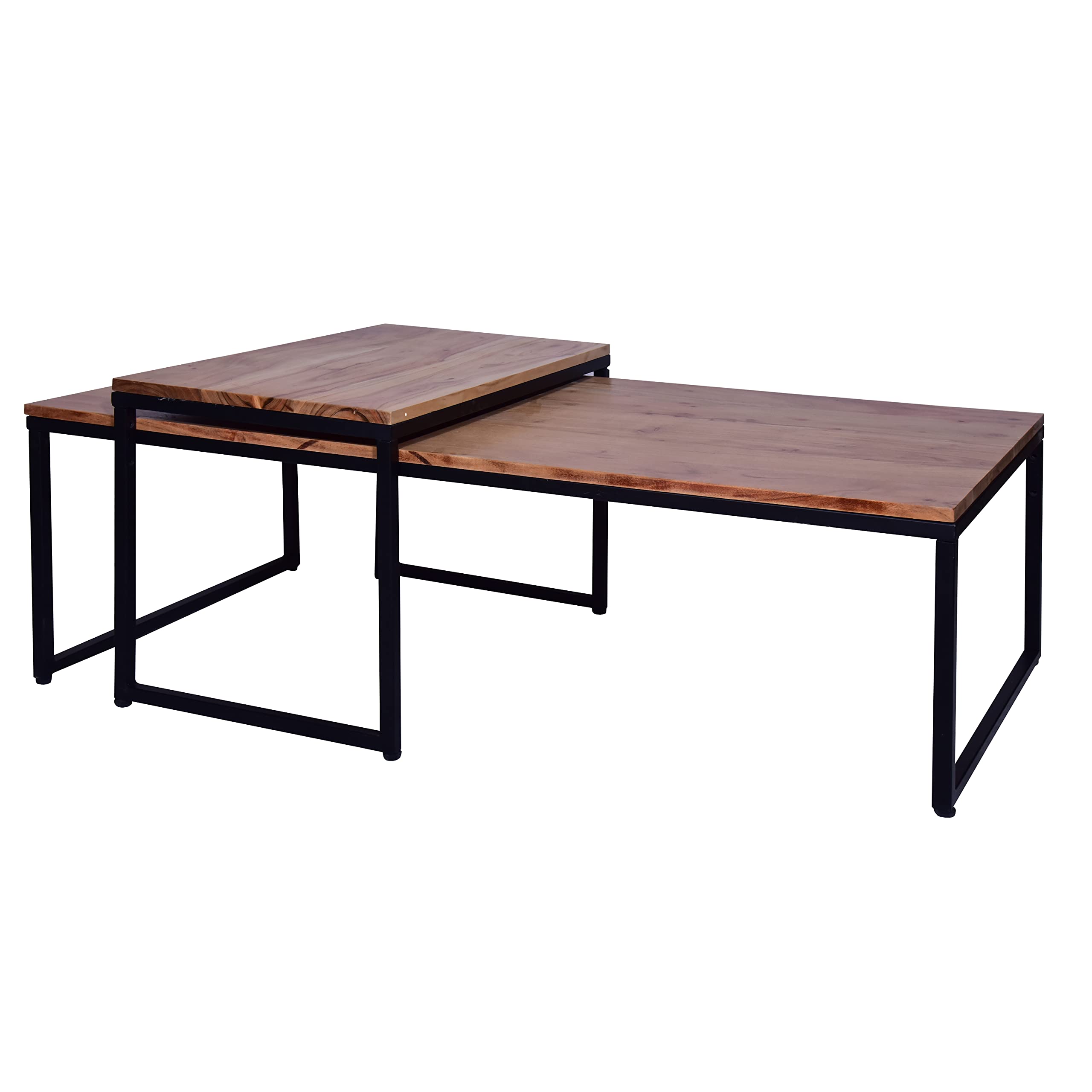 TUP The Urban Port 48, 27 Inch 2-Piece Rectangular Wood Nesting Coffee and End Table Set, Sled Metal Base, Brown and Black