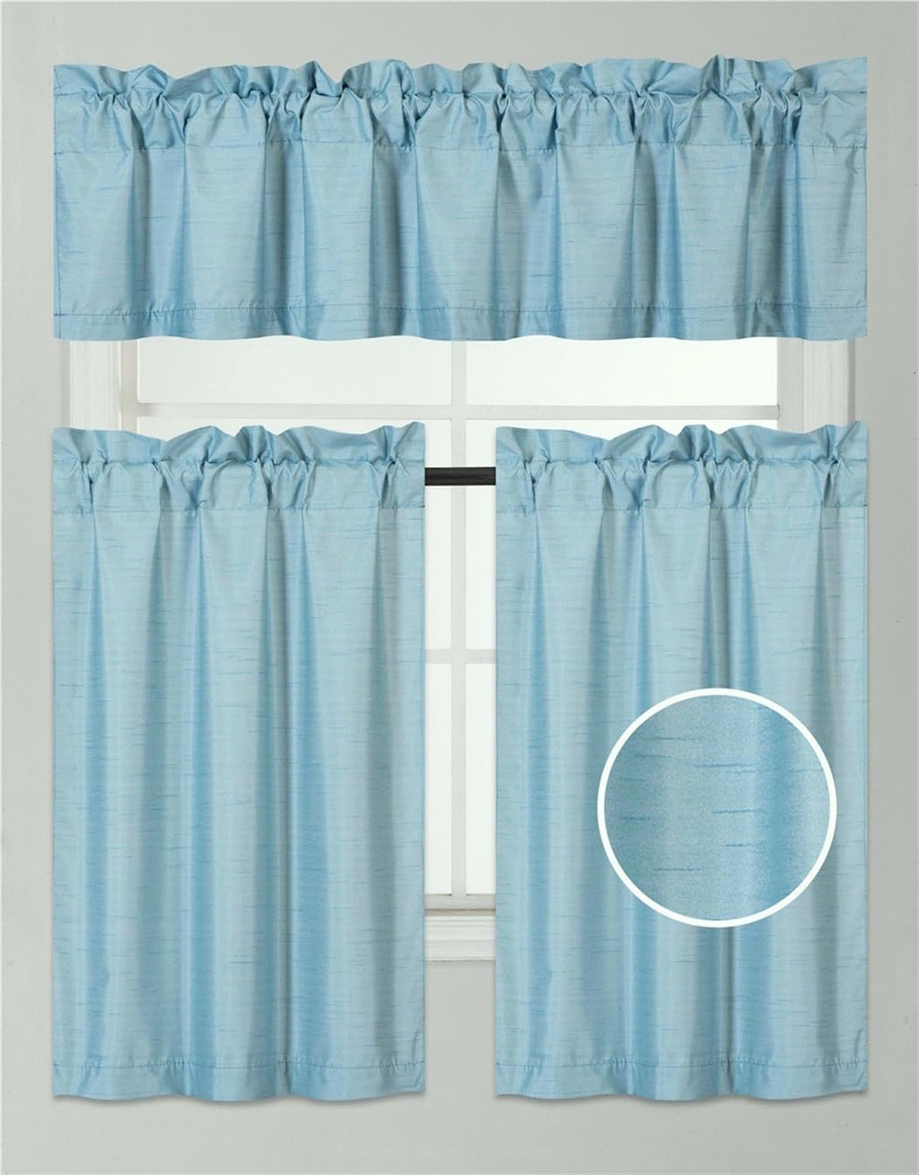 3Pc Set Solid Faux Silk Lined Blackout Rod Pocket Small Kitchen Window Curtain With Valance (K3) (Light Blue)
