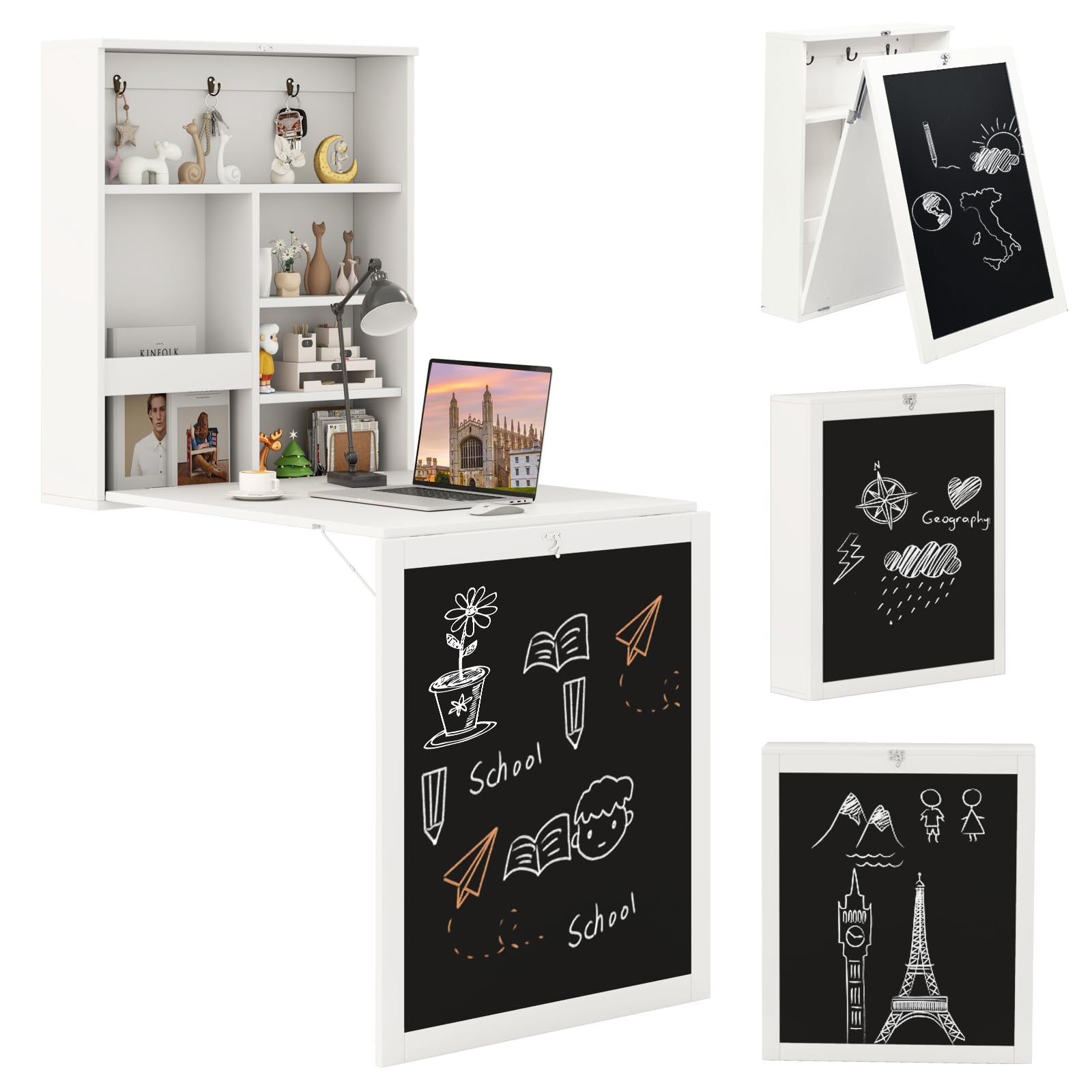 Tangkula Folding Floating Desk with Chalkboard, Wall Mounted Space Saving Fold Up Convertible Table with Storage Shelves & Hooks