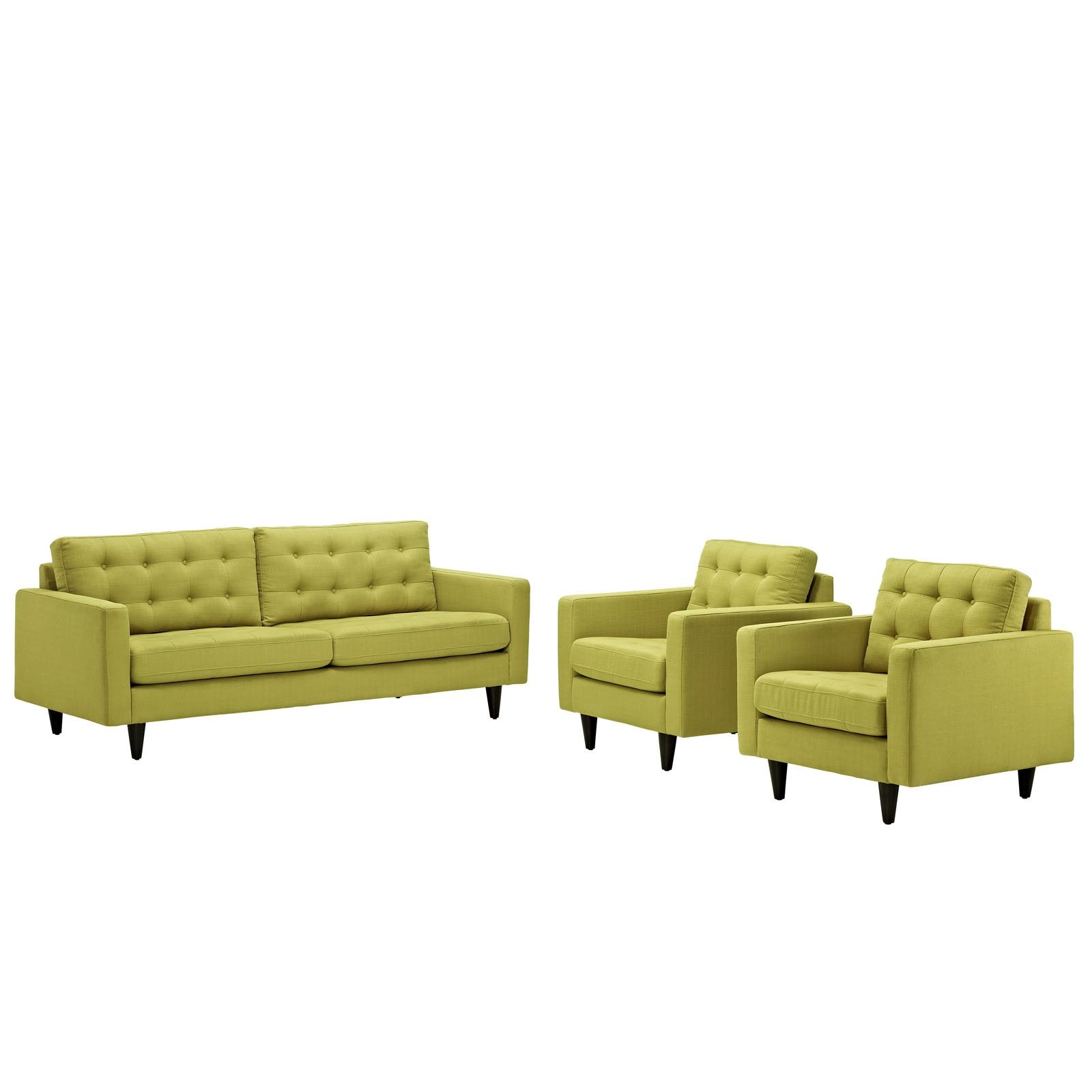 Modway Empress Mid-Century Modern Upholstered Fabric Sofa And Two Armchair Set In Wheatgrass