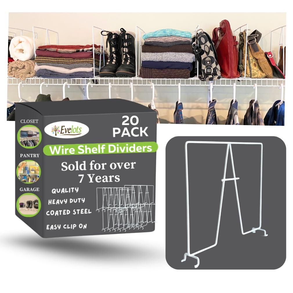 Evelots Wire Shelf Dividers -20 Pack- Closet Storage & Organization For Office/Pantry/Garage - Tall Shelf Separator - Easy Clip-No Tool - Solid Coated Steel