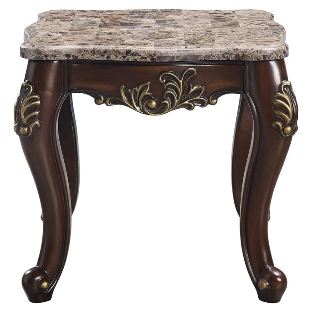 Acme Ragnar Wooden Square End Table in Brown Marble Top and Cherry