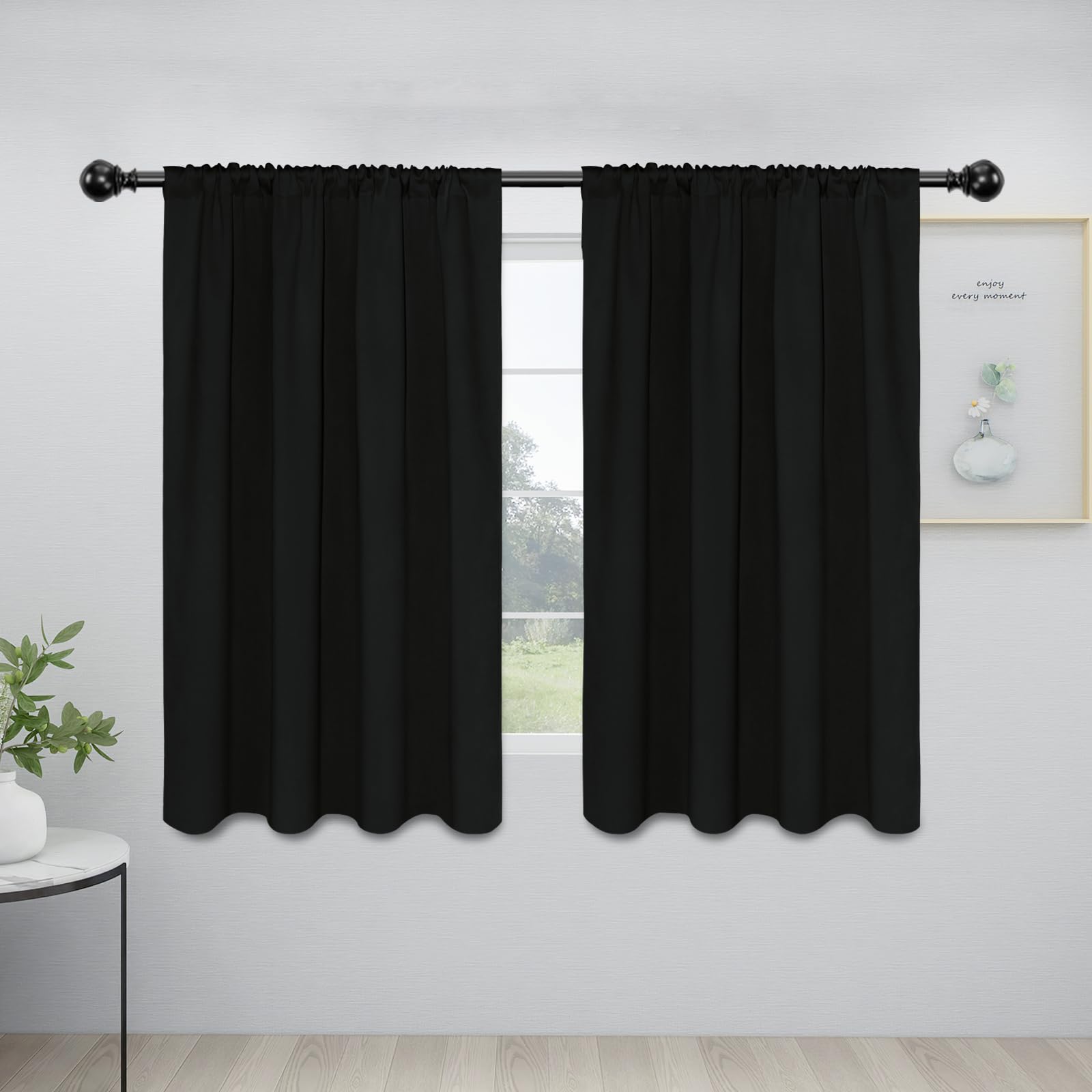 Easy-Going Rod Pocket Blackout Curtains For Bedroom, Room Darkening Window Curtains For Living Room, Thermal Insulated Noise Reduction Solid Window Drapes, 2 Panels(42X54 In, Black)