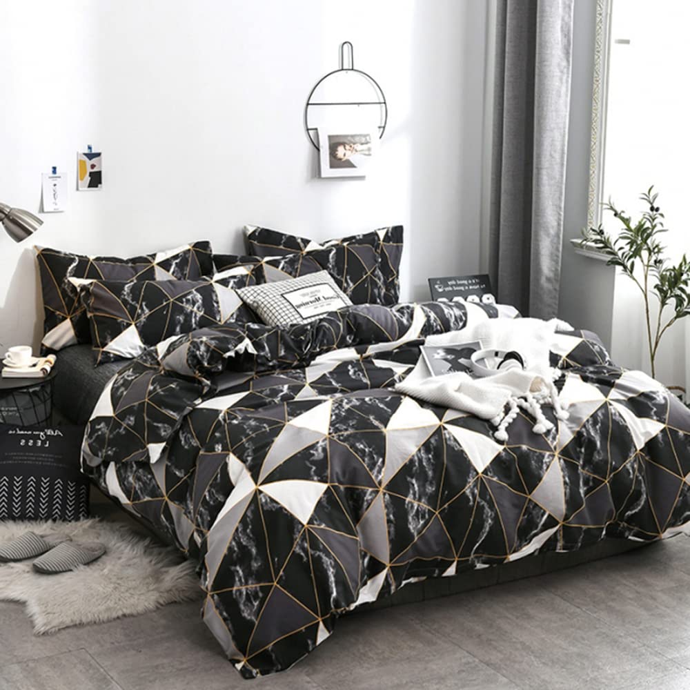 Clothknow Black Marble Comforter Sets California King Triangle Geometric Bedding Comforter Sets Cal King Bedding Black Grey White Bed Comforter 3Pcs Black White Comforter Cal King