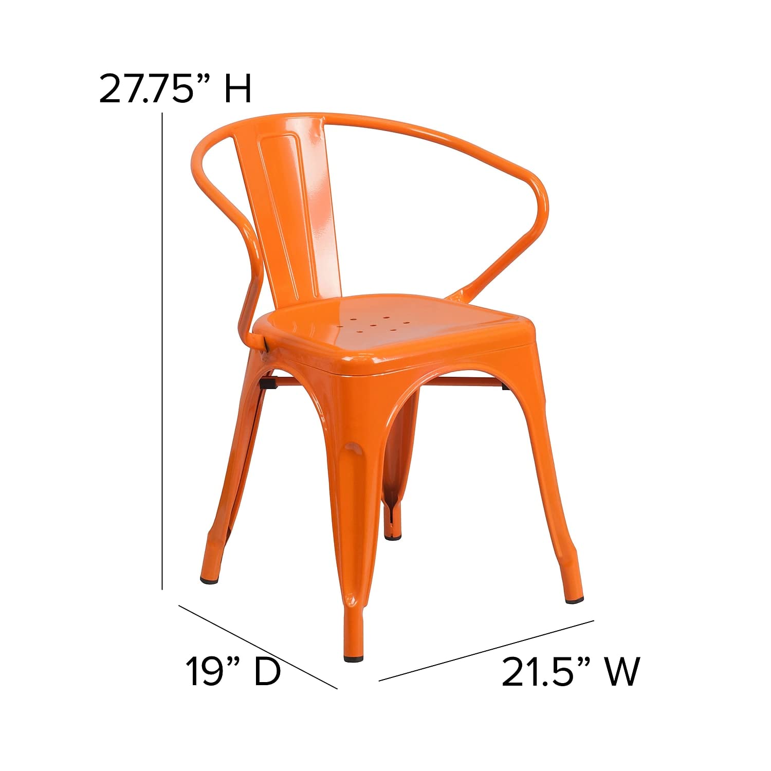 Flash Furniture Luna Commercial Grade Indoor-Outdoor Stack Chair with Arms - Orange Metal Frame - Teak All-Weather Polystyrene Seat - Vertical Slat Back