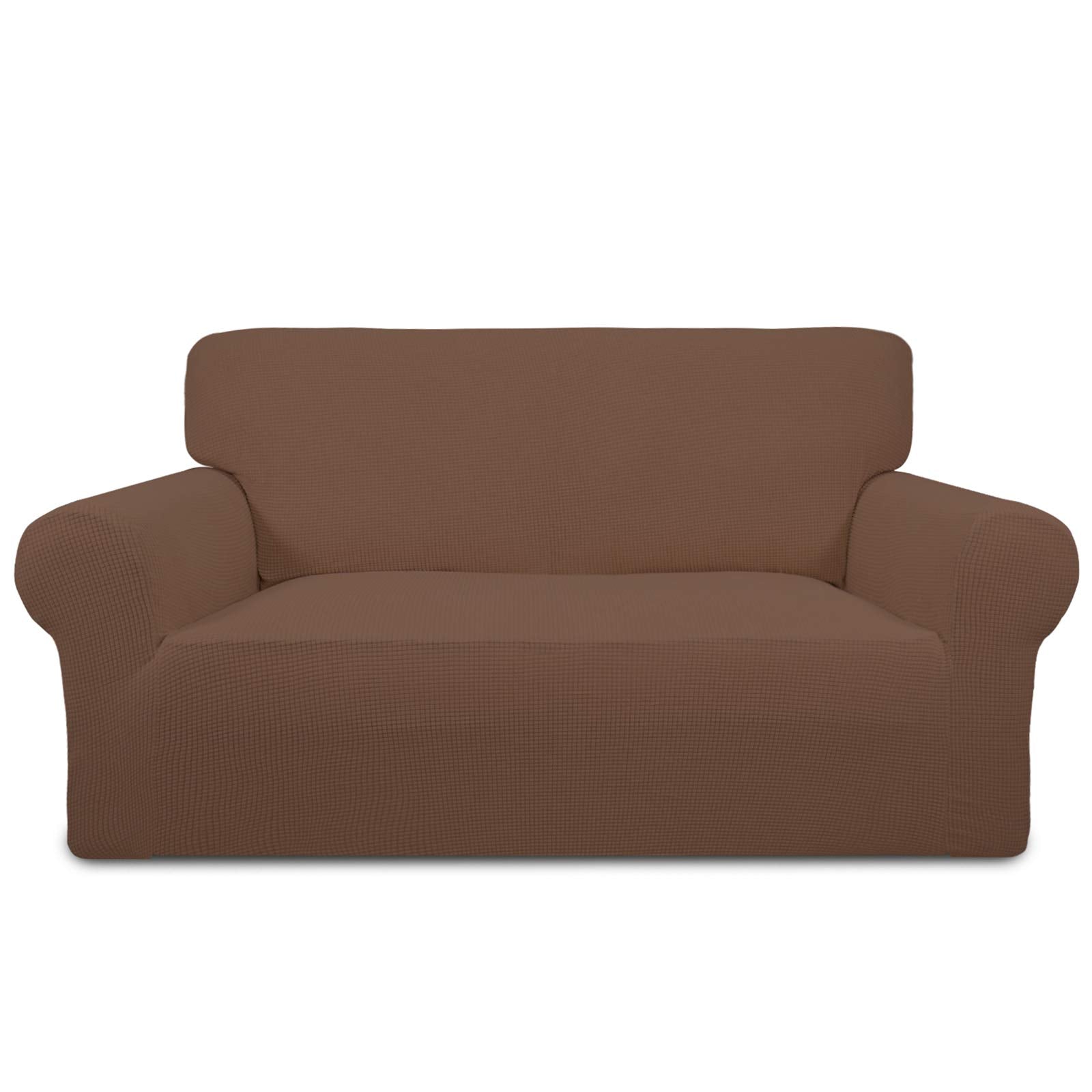 Purefit Stretch Loveseat Sofa Slipcover – Spandex Jacquard Non Slip Soft Couch Sofa Cover, Washable Furniture Protector With Non Skid Foam And Elastic Bottom For Kids (Loveseat, Brown)