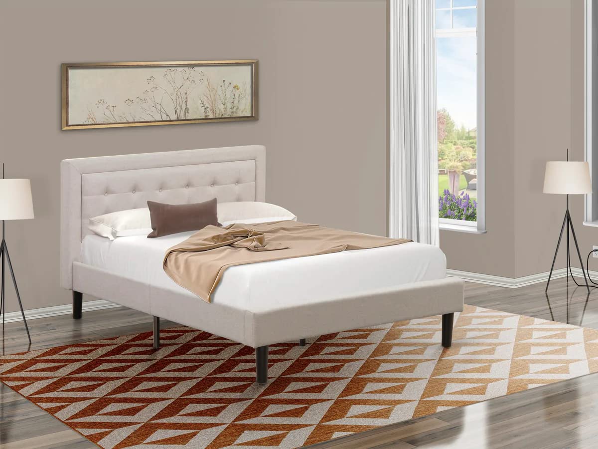 East West Furniture FNF-08-F Platform Full Size Bed - Mist Beige Linen Fabric Upholstered Bed Headboard with Button Tufted Trim Design - Black Legs
