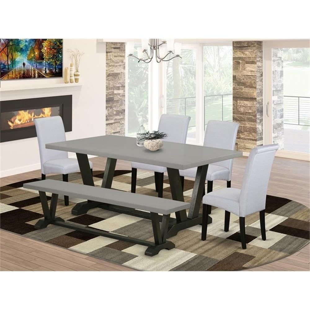 East West Furniture V697BA105-6 6 Pc Dining Table Set Contains a Cement Mid Century Dining Table and a Modern Bench, 4 Grey Linen Fabric Parson Chairs with High Back - Wire Brushed Black Finish