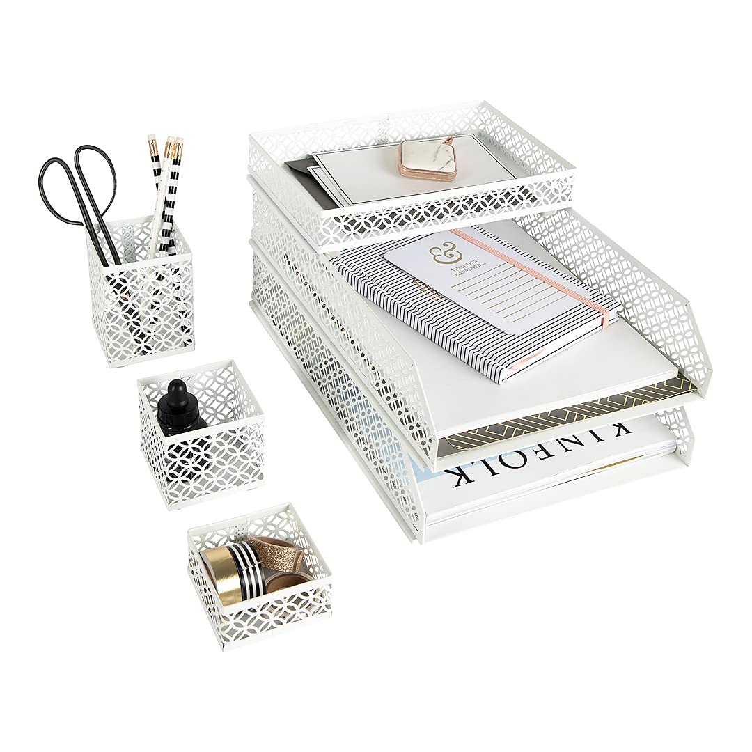 Blu Monaco Office Supplies White Desk Accessories For Women-6 Piece Interlocking Stylish Desk Organizer Set- Pen Cup, 3 Accessor