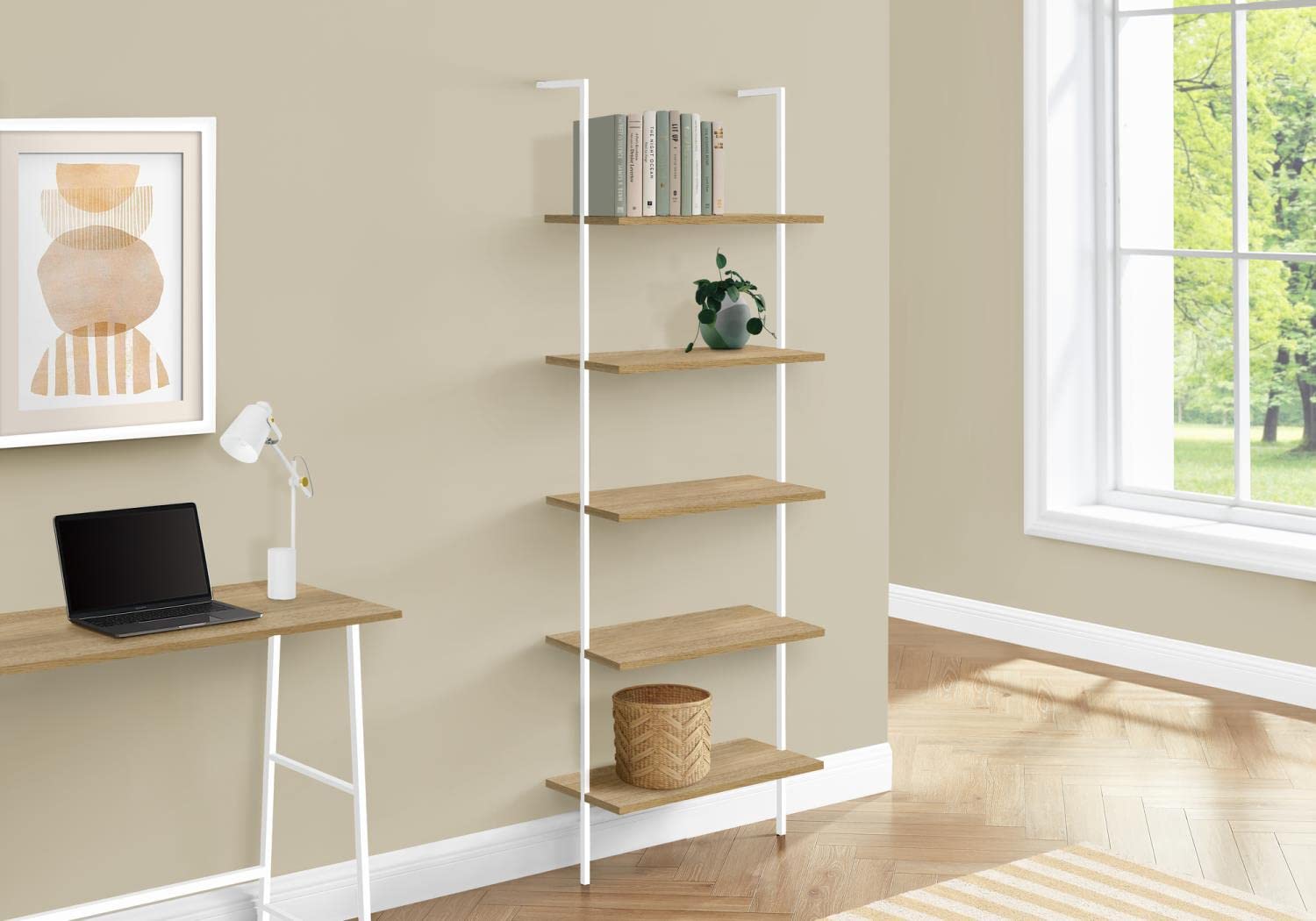 Monarch Specialties I 3686 Bookshelf, Bookcase, Etagere, Ladder, 5 Tier, 72' H, Office, Bedroom, Metal, Laminate, Natural, White, Contemporary, Modern