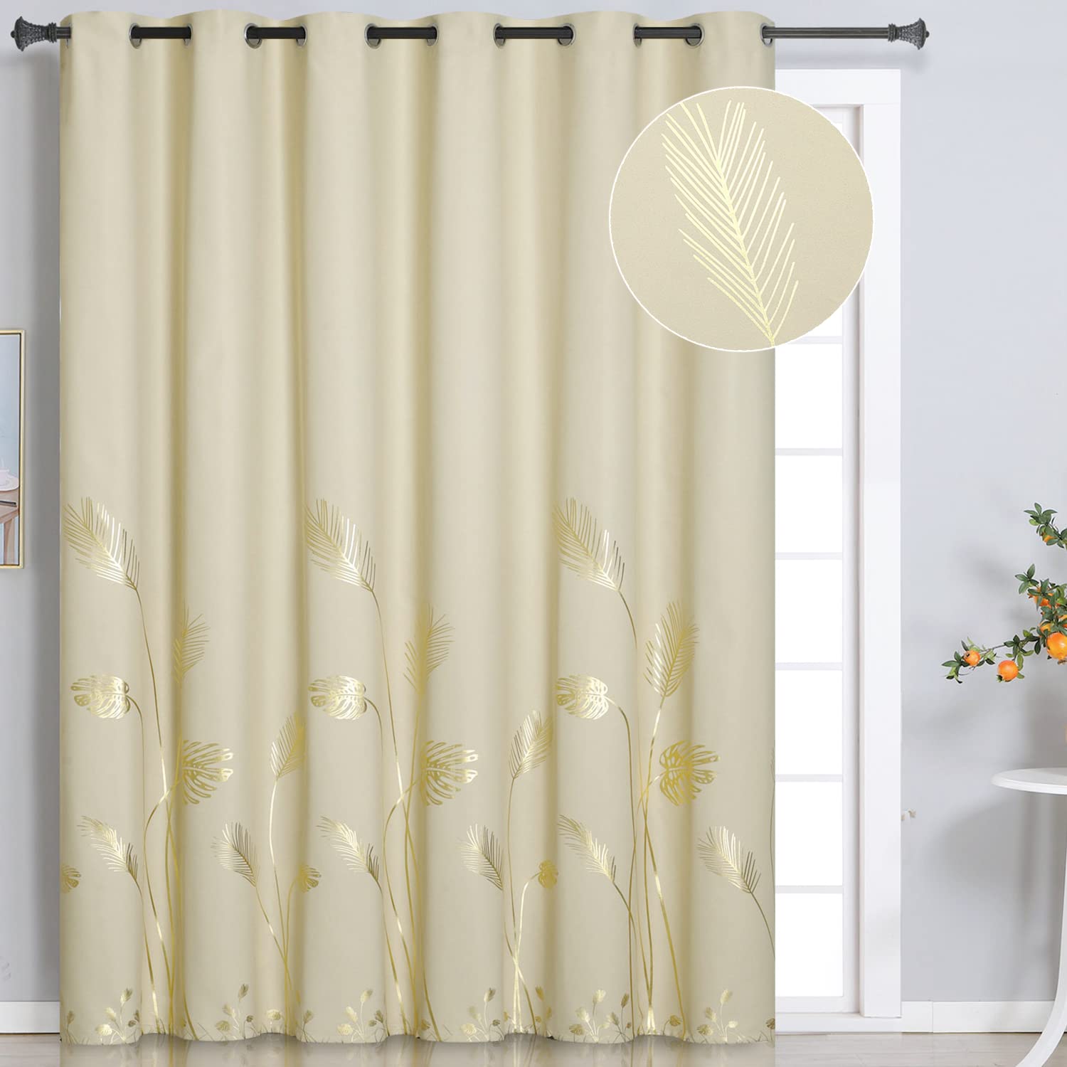 Estelar Textiler Beige Room Darkening Curtain For Sliding Door 80W X 96L Inch Long Thermal Insulated Grommet Gold Printed Curtai