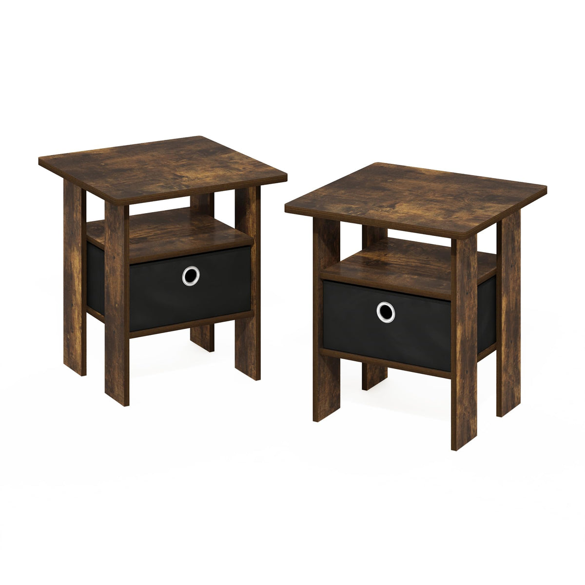 Furinno Andrey End Table Nightstand with Bin Drawer, Amber Pine/Black, Set of 2