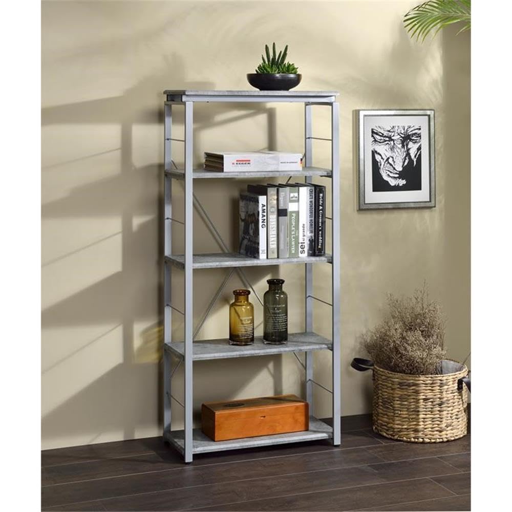Acme Jurgen 5 Wooden Tiers Rectangular Bookshelf In Gray And Silver