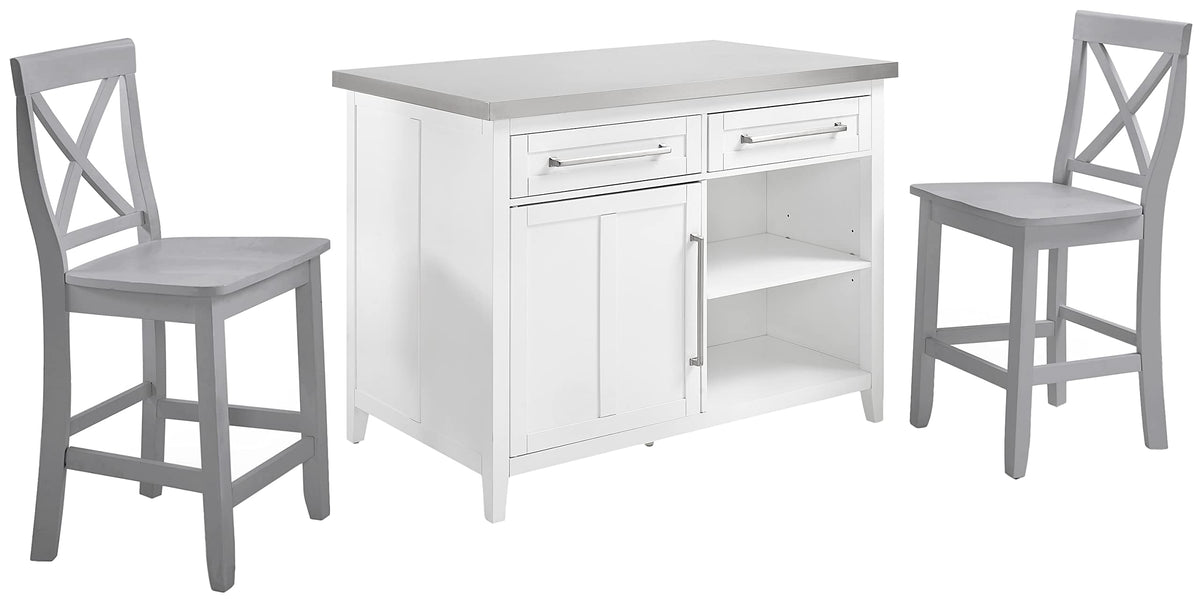 Crosley Furniture Silvia Stainless Steel Top Kitchen Island, Coffee Bar, with a Set of 2 X-Back Stools, White/Gray