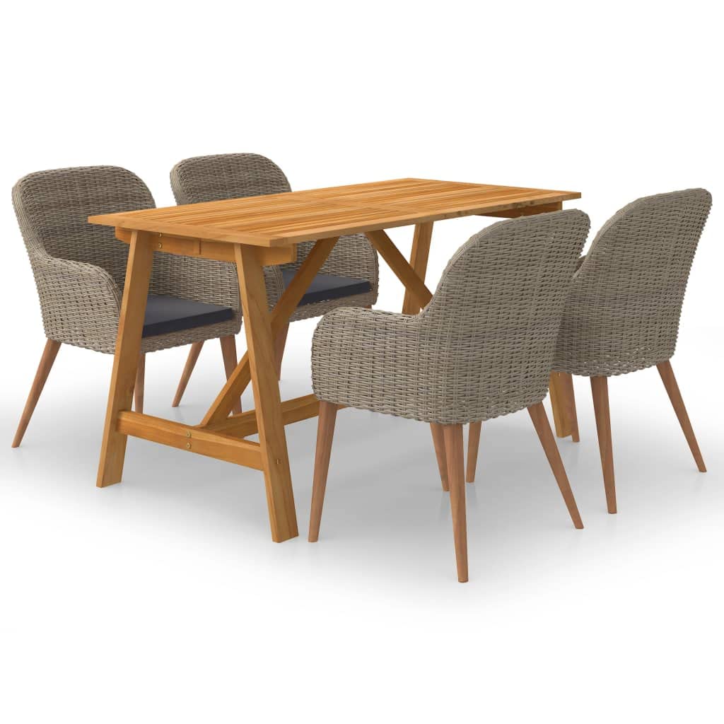vidaXL 5 Piece Patio Dining Set, Outdoor Furniture with Acacia Wood Tabletop, Durable PE Rattan Chairs, and Comfortable Cushions, Brown