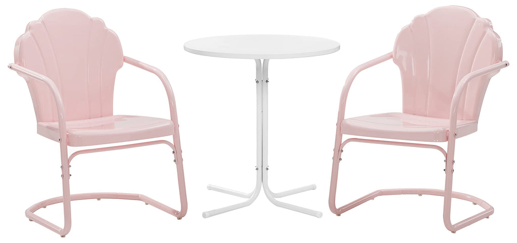 Crosley Furniture Tulip 3-Piece Outdoor Bistro Set, Retro Metal Patio Table and Chairs for Dining, Porch, Pastel Pink Gloss