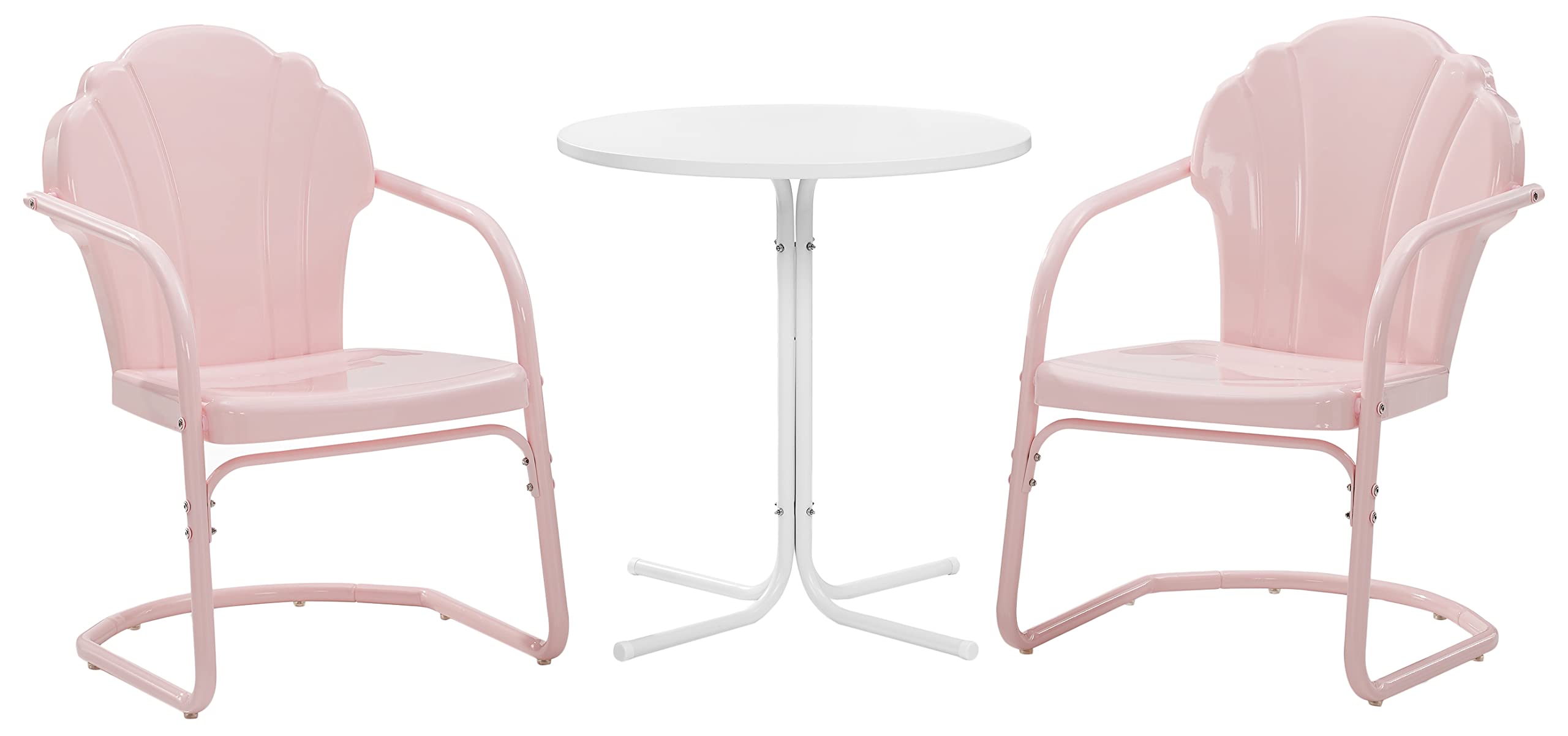 Crosley Furniture Tulip 3-Piece Outdoor Bistro Set, Retro Metal Patio Table and Chairs for Dining, Porch, Pastel Pink Gloss