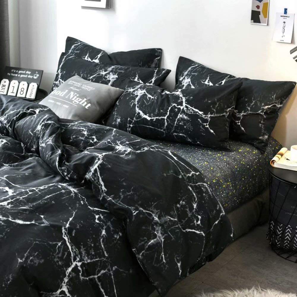 Luxlovery Black Marble Comforter Set Queen Black Marble Bed Set Full Cotton Comforter Cozy Beathable Soft Black And White Marble