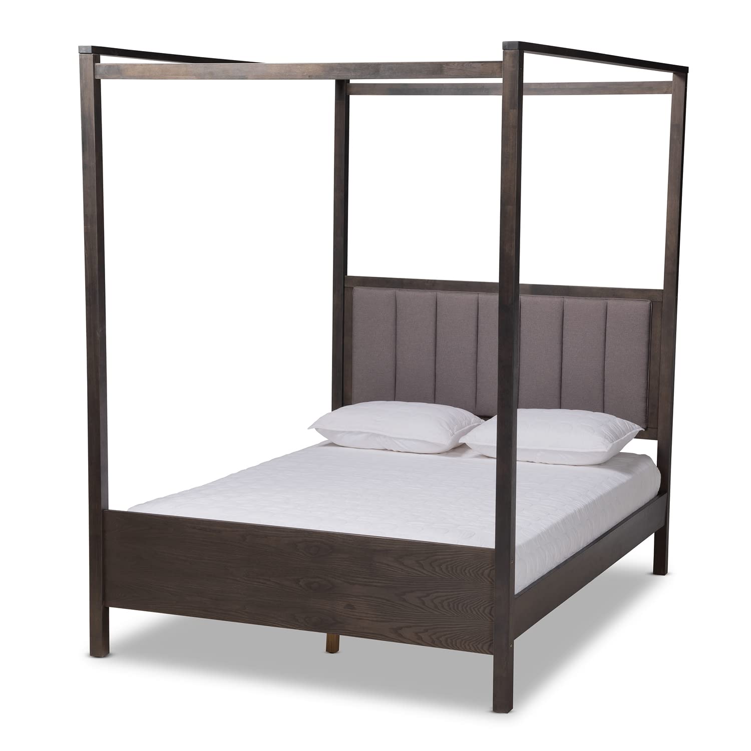 Baxton Studio Natasha Modern and Contemporary Grey Fabric Upholstered and Walnut Brown Finished Wood King Size Platform Canopy Bed