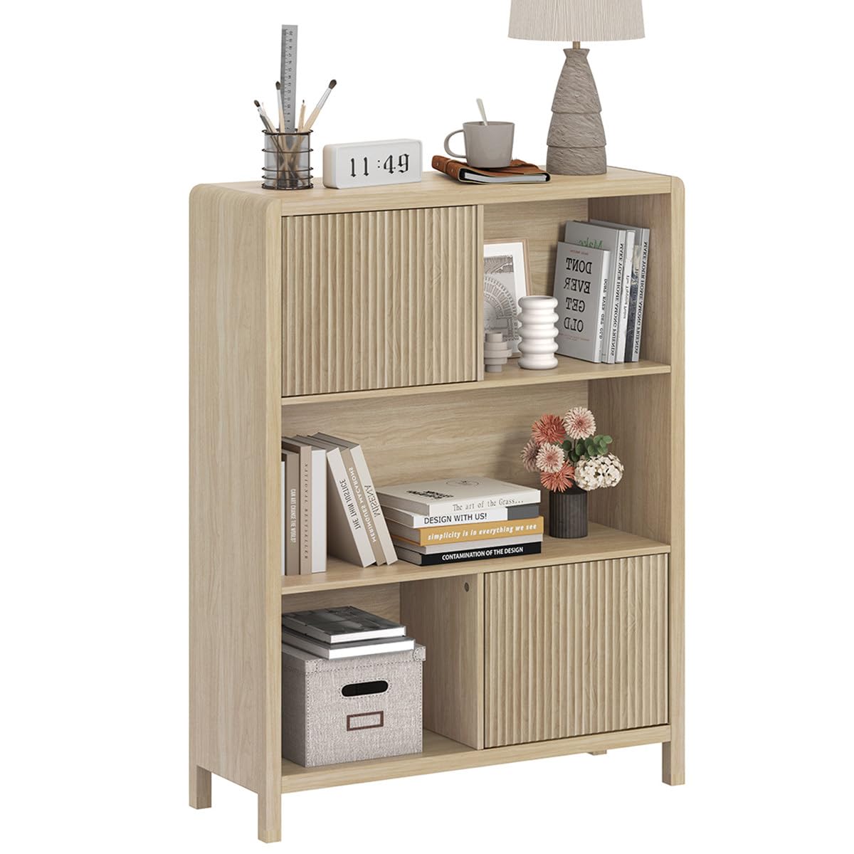 Fatorri 5 Cube Bookshelf With 2 Doors, Wood Bookcase With Storage, Modern Cubby Book Shelf For Home Office (Light Walnut)