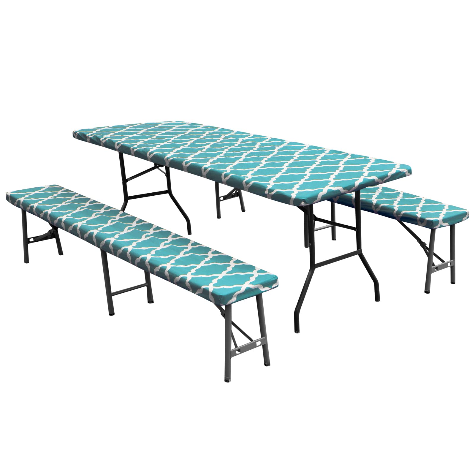 Easy-Going 100% Waterproof Picnic Outdoor Tablecloth With Bench Covers Fit 8 Foot Rectangle Table, 3-Piece Set Camping Table Cover With Seat Covers (30X96 In, Moroccan/Teal & White)