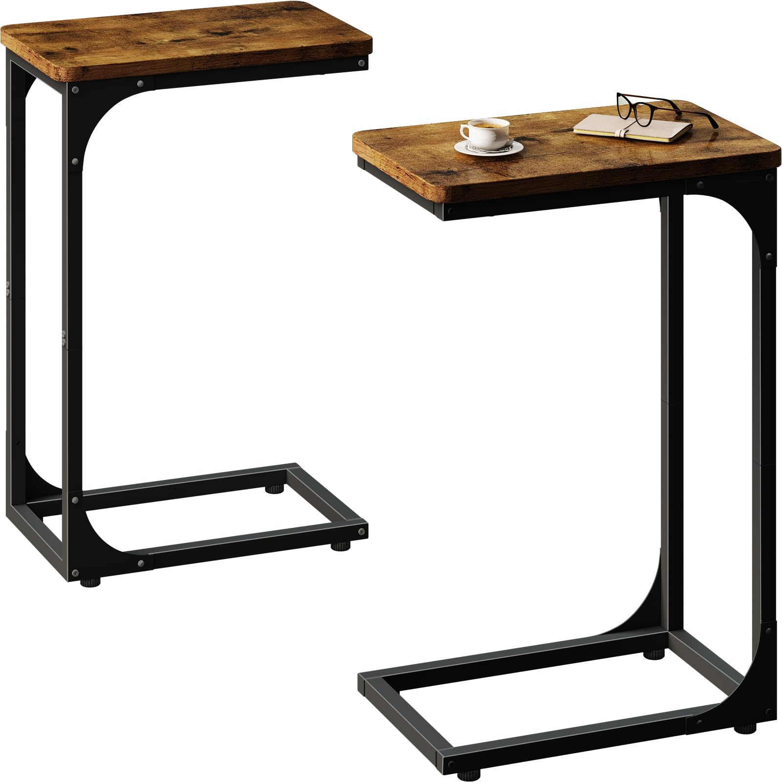 QEEIG Narrow C Shaped Side Table Set of 2 Living Room Sets Slim Couch Tray Tables Skinny Thin Small Farmhouse 9.5 inch Width, Ru