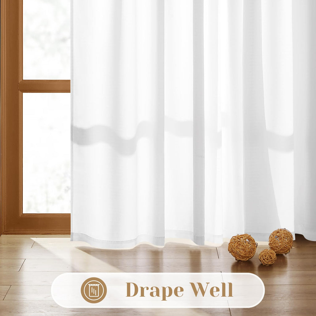 Homeideas Non-See-Through White Privacy Sheer Curtains 52 X 72 Inches Long 2 Panels Set, Fish Bone Pattern Semi Sheer Curtains L