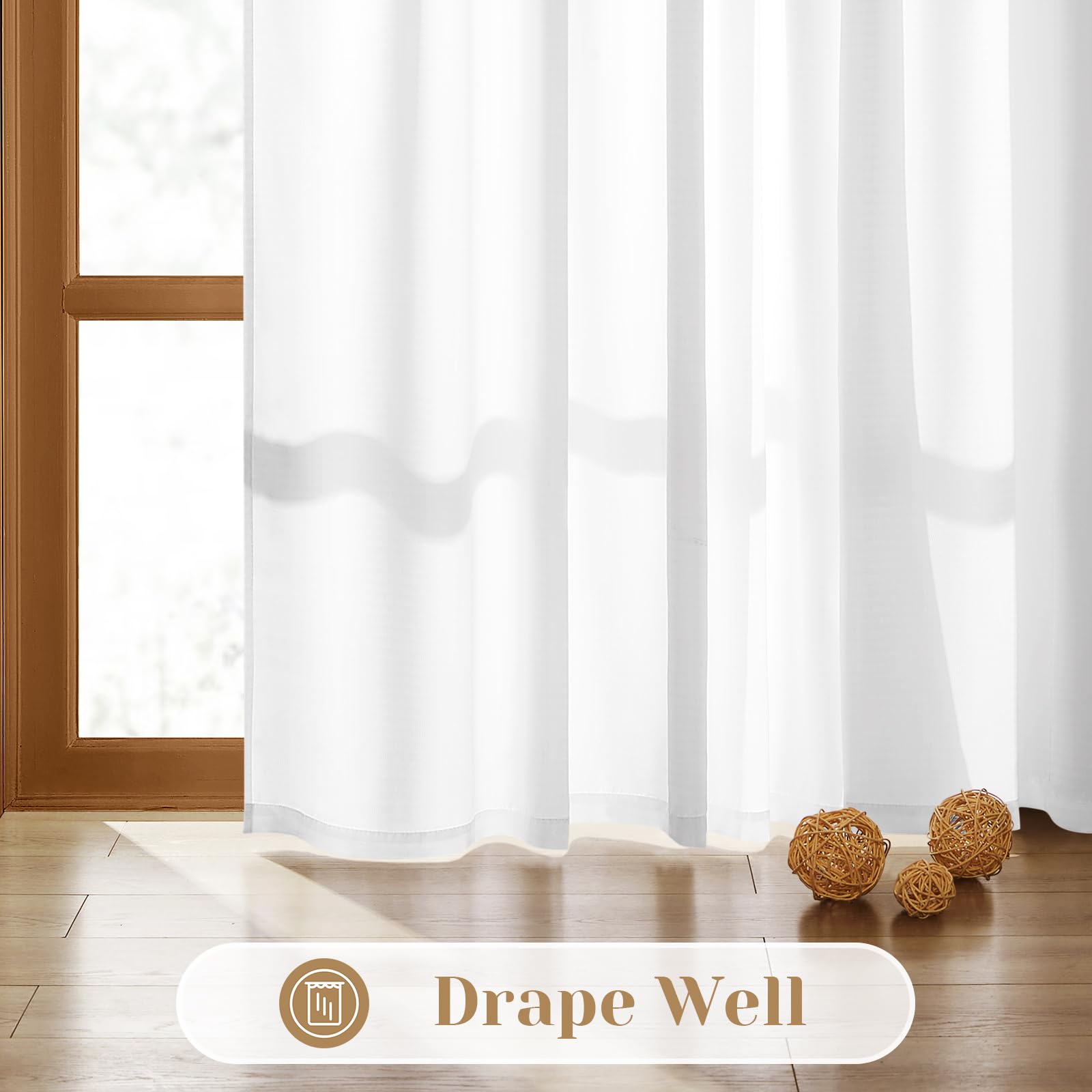 Homeideas Non-See-Through White Privacy Sheer Curtains 52 X 84 Inches Long 2 Panels Set, Fish Bone Pattern Semi Sheer Curtains L