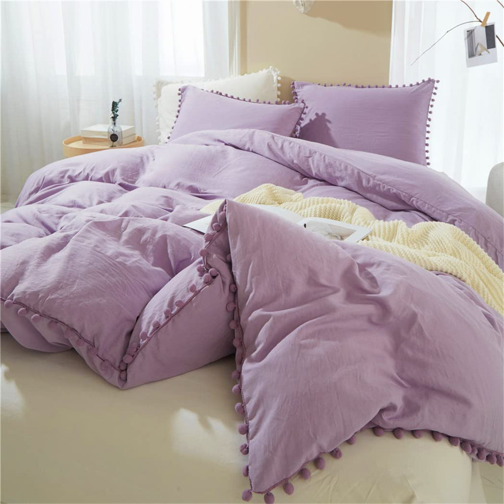 Ihoustriy Kid'S Duvet Cover Twin Size,100% Washed Microfiber 2Pcs Bedding Duvet Cover Set, Pom Poms Fringe Solid Color Soft And