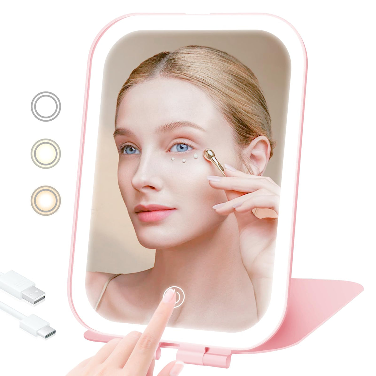 Puiuisoul Travel Makeup Mirror, 2000mAh Battery-Powered Illuminated Mirror, 3 Adjustable Light Settings USB-Rechargeable Vanity 