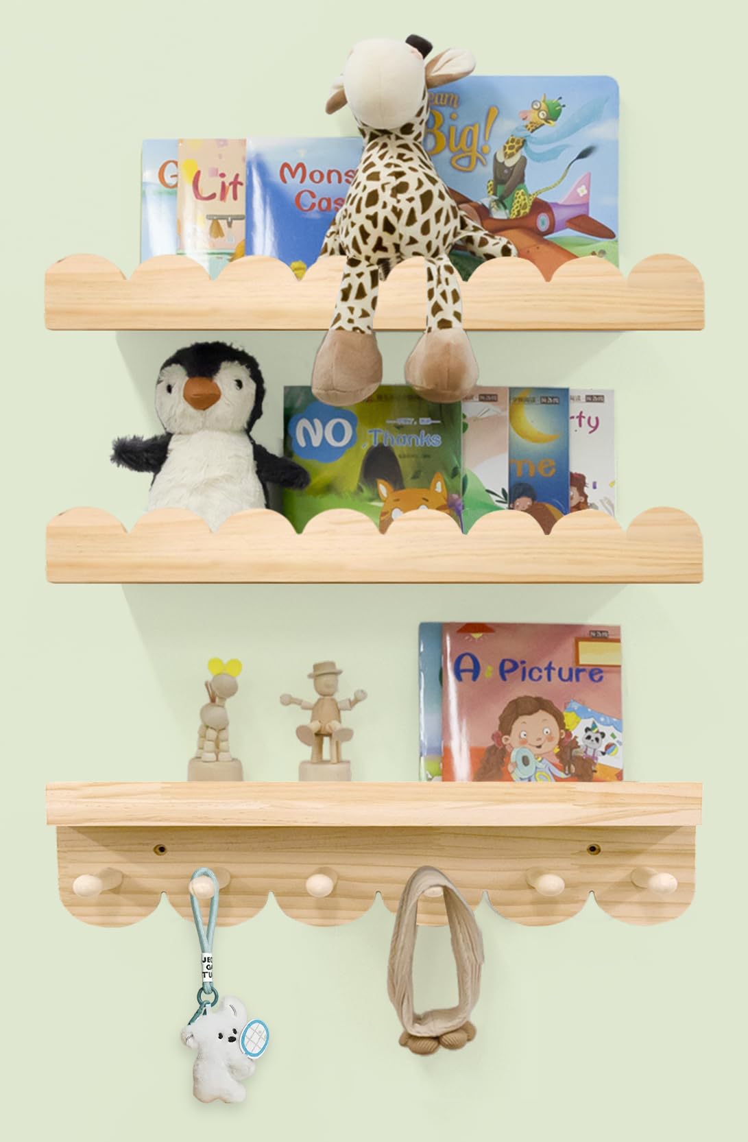 Icnjdmopclean Nursery Shelves For Wall With Hooks-Scalloped Wall Book Shelves For Bedroom Kids Set Of 3, Nursery Furniture Must