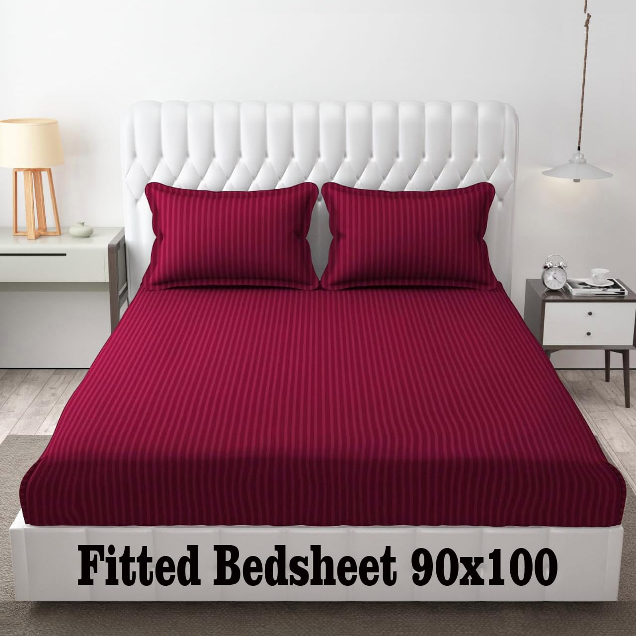 Roman. Double Bedsheet Set, 90X100 Inch Elastic Fitted Bedsheet With 2 Pillowcases, 300 Tc Cotton, Maroon, Striped, Floral Theme
