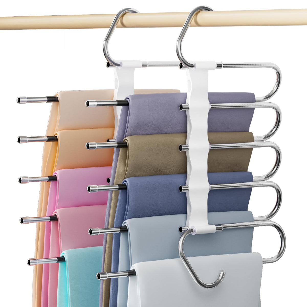 DAMITA Pants Hangers Space Saving  2 Pack 5 in 1 Layers Stainless Steel Metal Jeans Hangers  White Closet Organizers and Stora