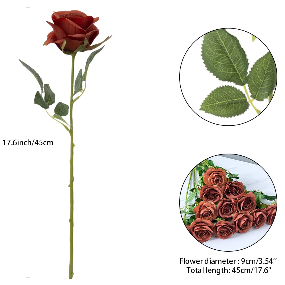 Helera 12Pcs Rust Orange Rose Artificial Flowers Faux Roses Silk Roses Orange Silk Flowers With Long Stems For Wedding Baby Show