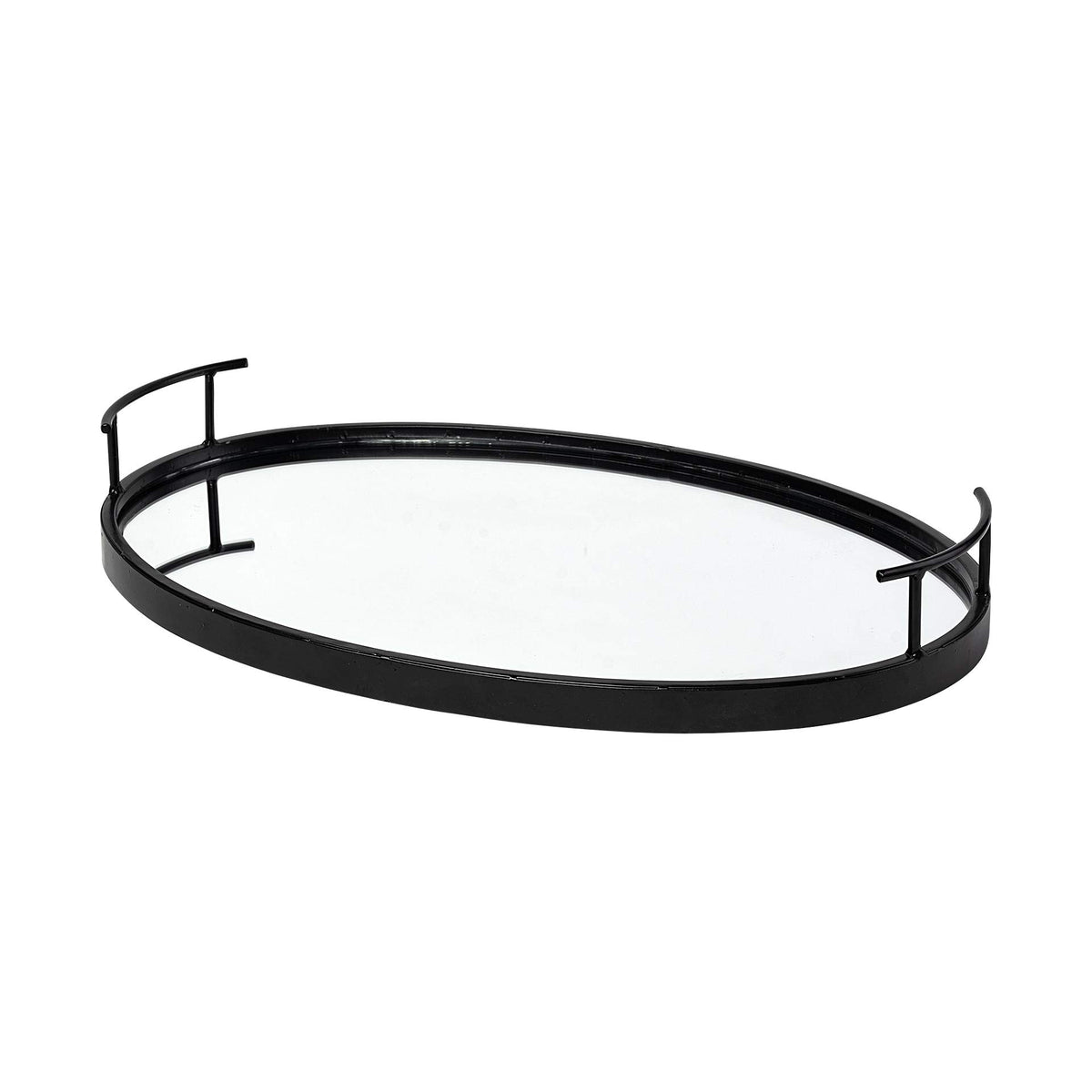 HomeRoots Matte Black Metal with Two Handle Both Sides and Mirrored Glass Bottom Tray