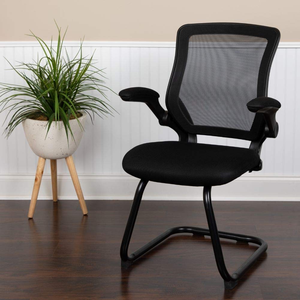 Flash Furniture Kale Black Mesh Sled Base Side Reception Chair With Flip-Up Arms