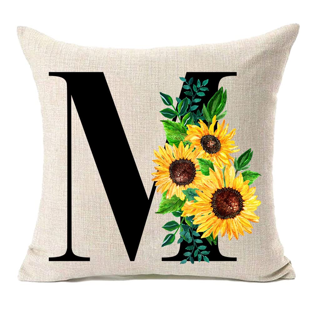 Mfgneh Monogram Letter M Sunflower Pillow Covers 18X18 Inch,Spring Decor Throw Pillow Case Cushion Cover Summer Farmhouse Decor