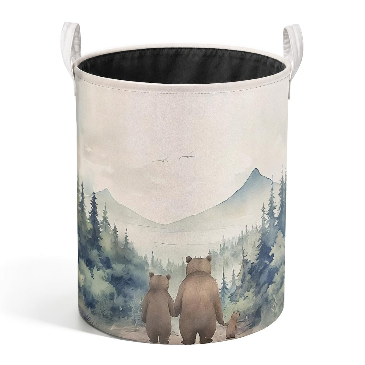 Welshower Rustic Forest Bear Nursery Laundry Basket, Nature Mountain Bear Family Laundry Hamper Waterproof Collapsible Clothes T