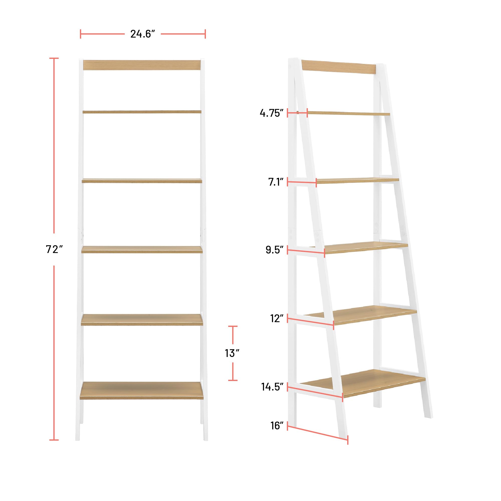 Safco Ec8998Bl Five Tier Free Standing Ladder Shelfbookcase. Home, Bedroom And Office Storage And Décor. White Supports, Natural Wood Shelves