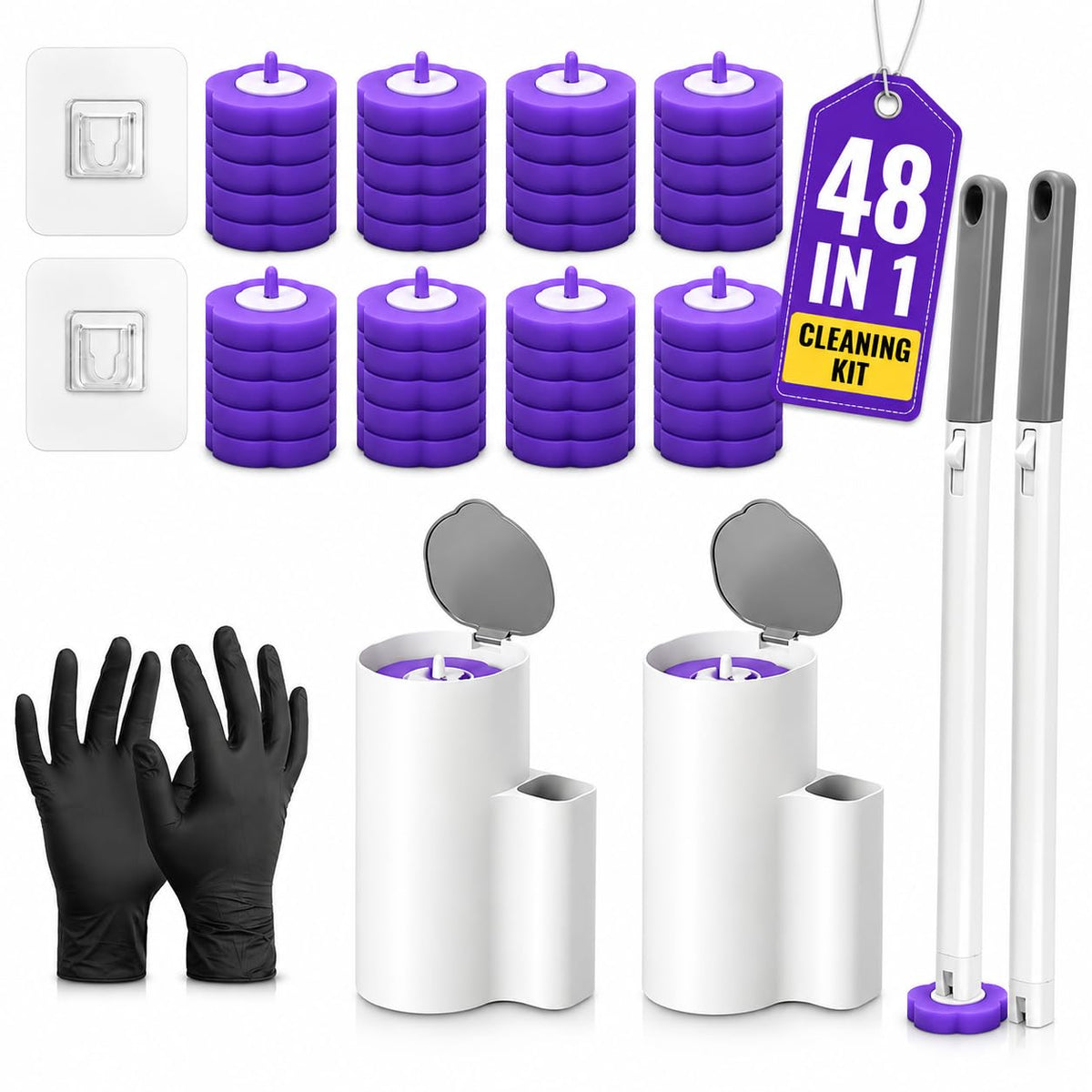 Disposable Toilet Bowl Cleaner Wand and Holder Set, 2 Pack with 48 Refills, Wall Mounted Toilet Brush System, Long Handle Toilet