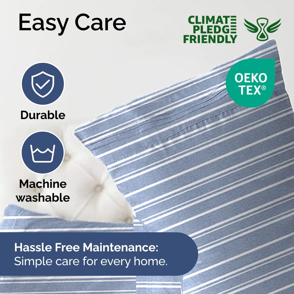 Extra Deep Pocket Cal King Sheets - 4 Piece Breathable & Cooling Bed Sheets - Hotel Luxury Bed Sheet Set - Soft, Wrinkle Free & Comfy - Easily Fits Extra Deep Mattresses - Blue Striped Sheets Set