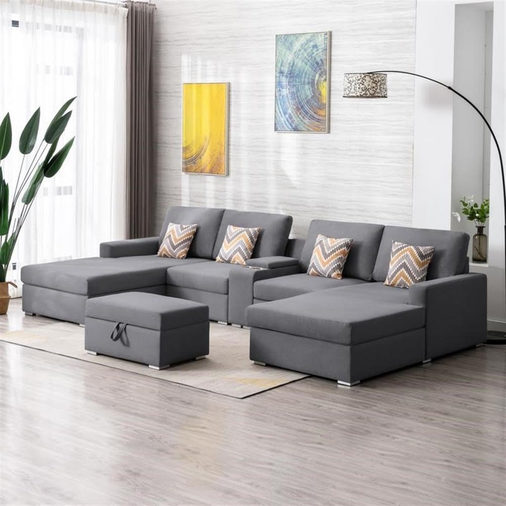 Lilola Home Nolan Gray Linen Fabric 6Pc Double Chaise Sectional Sofa with Interchangeable Legs, Storage Ottoman, Pillows, and a USB, Charging Ports, Cupholders, Storage Console Table