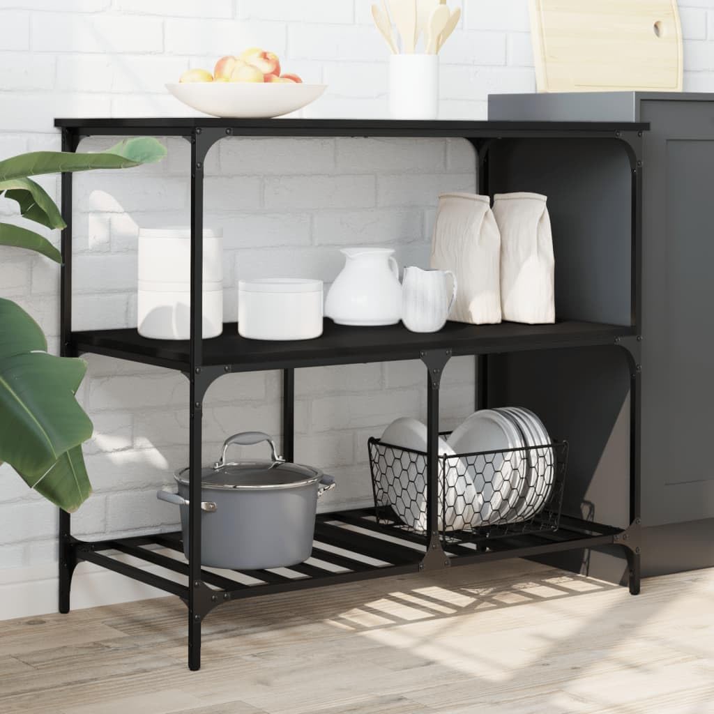 vidaXL Rolling Kitchen Trolley in Black Engineered Wood - Multi-Use Storage Cart with Steel Frame for Kitchen/Living Room