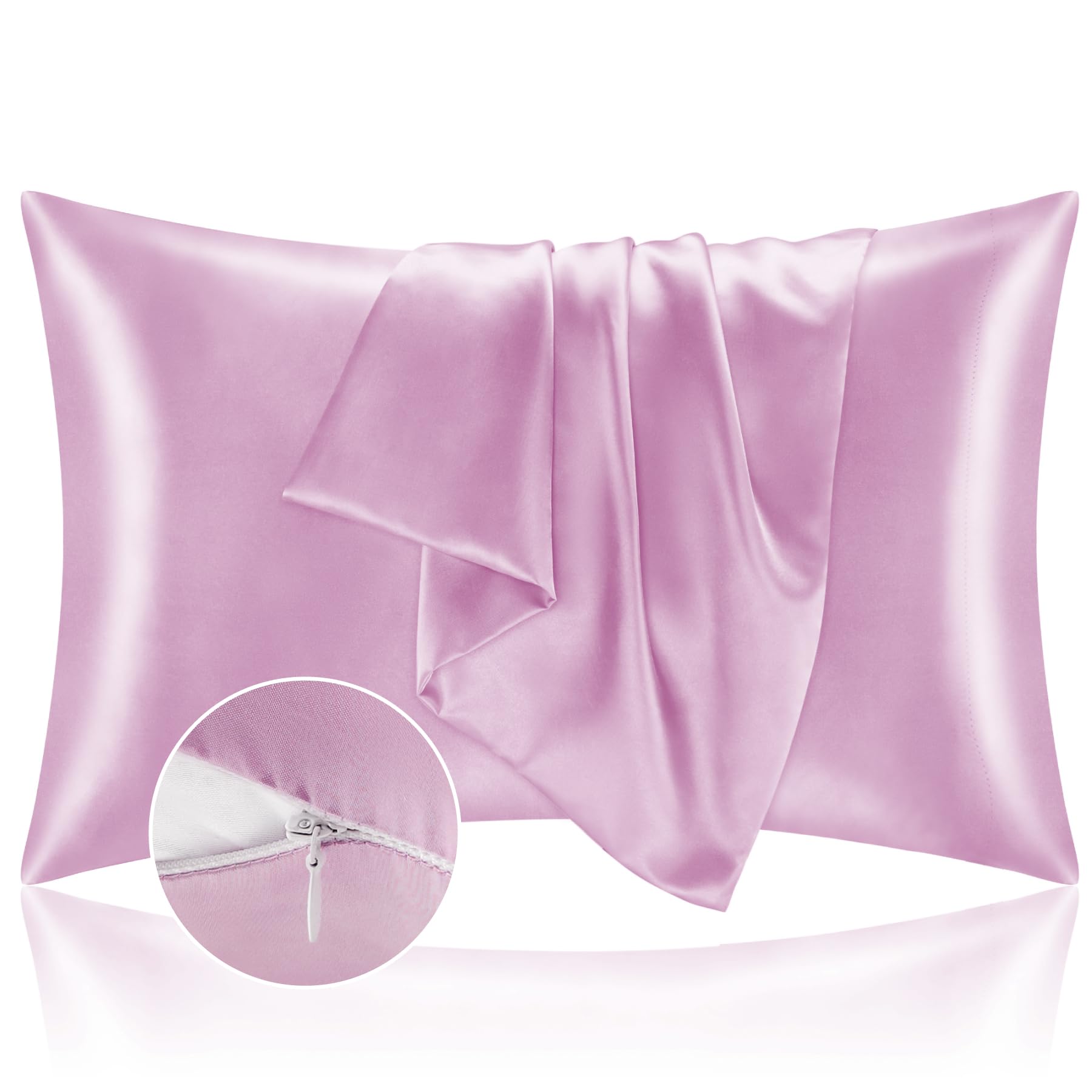 Bedelite Satin Pillowcase With Zipper 2 Pack, Pink Pillow Cases Standard Size, Super Soft And Cooling Similar To Silk Pillow Cas