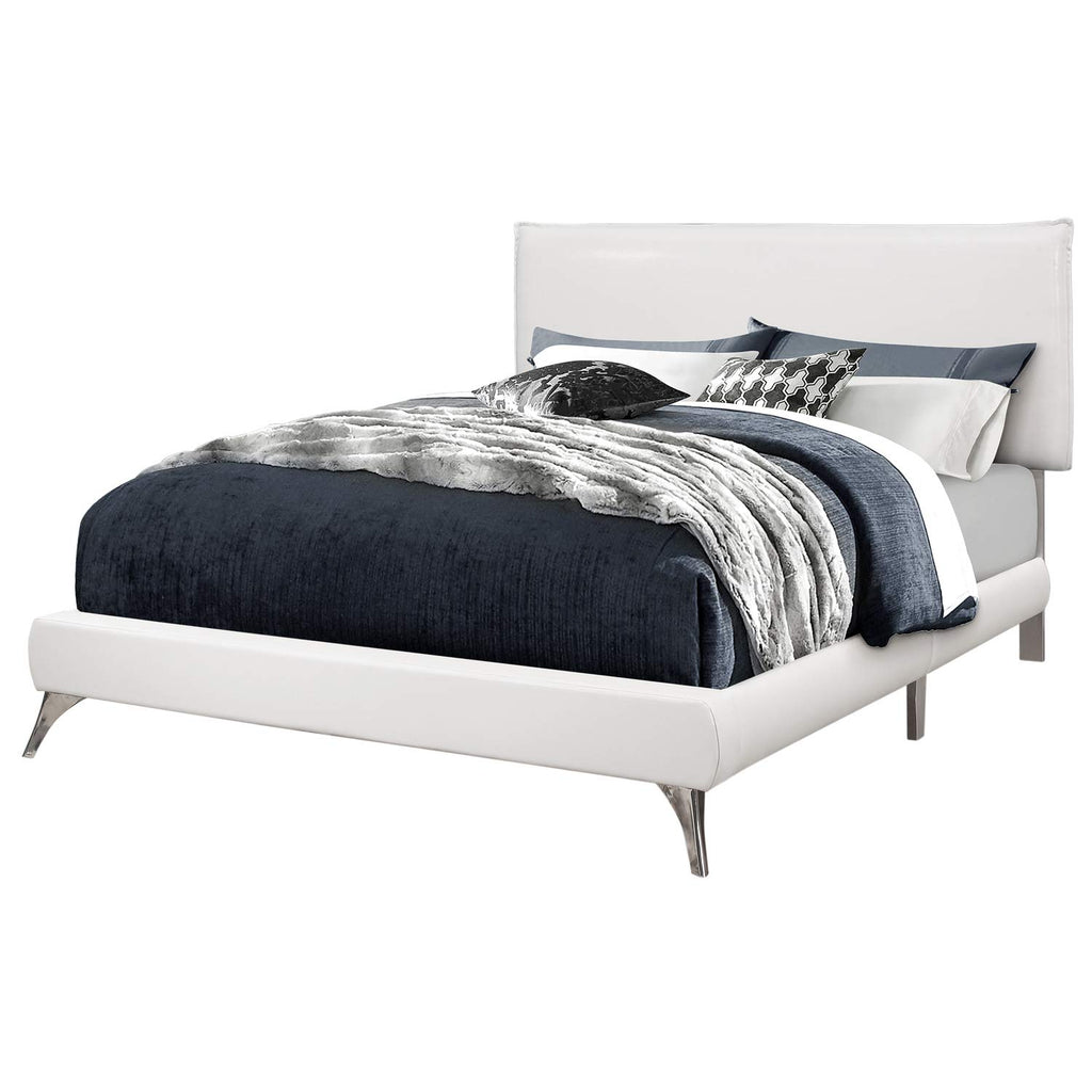 Monarch Specialties I Queen Size Leather-Look with Brown Wood Legs BED, WHITE