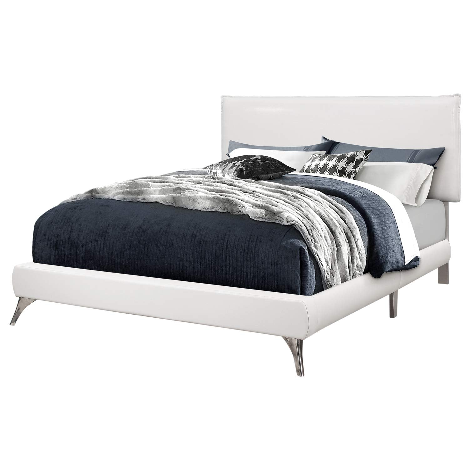 Monarch Specialties I Queen Size Leather-Look with Brown Wood Legs BED, WHITE