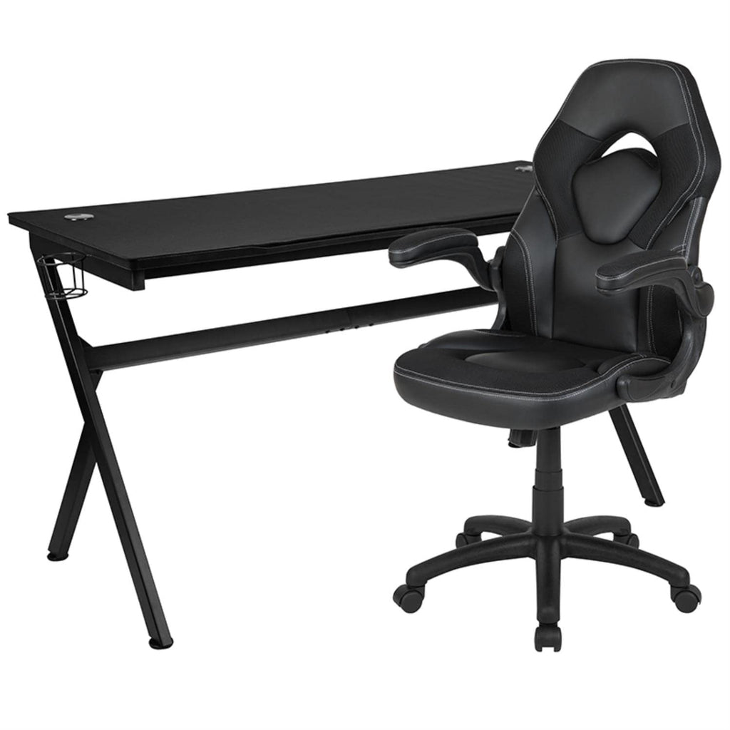 Flash Furniture Gaming Desk and Black Racing Chair Set/Cup Holder/Headphone Hook/Removable Mouse Pad Top - 2 Wire Management Holes