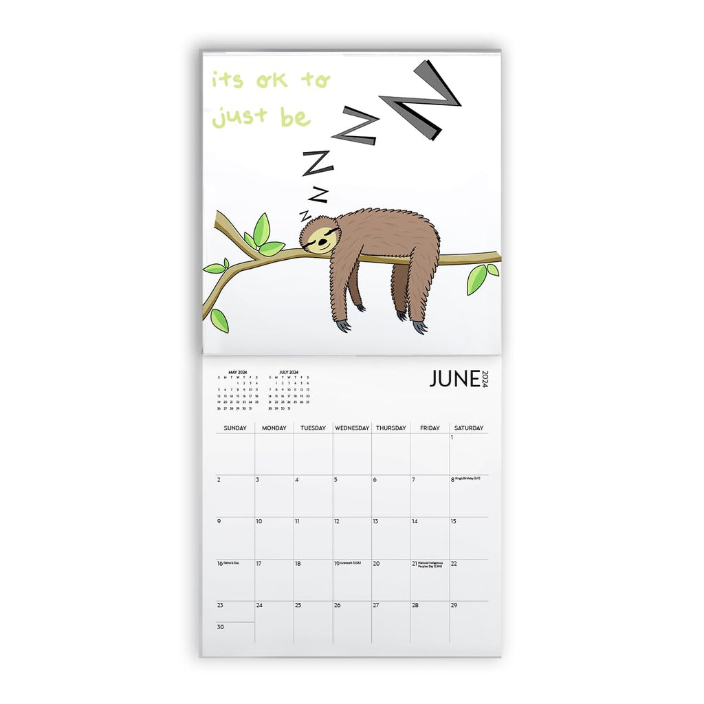 Sloth Calendar 2024 With Sticker Pack, Large 12 X 12 Inch Wall Calendar, Mindfulness Wall Calendar, Inspirational Sloth Gift And