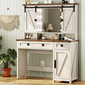 AOGLLATI Makeup Vanity with Lights & Barn Doors, Vanity Desk with Mirror and Lights & Charging Station, Farmhouse White Vanity T