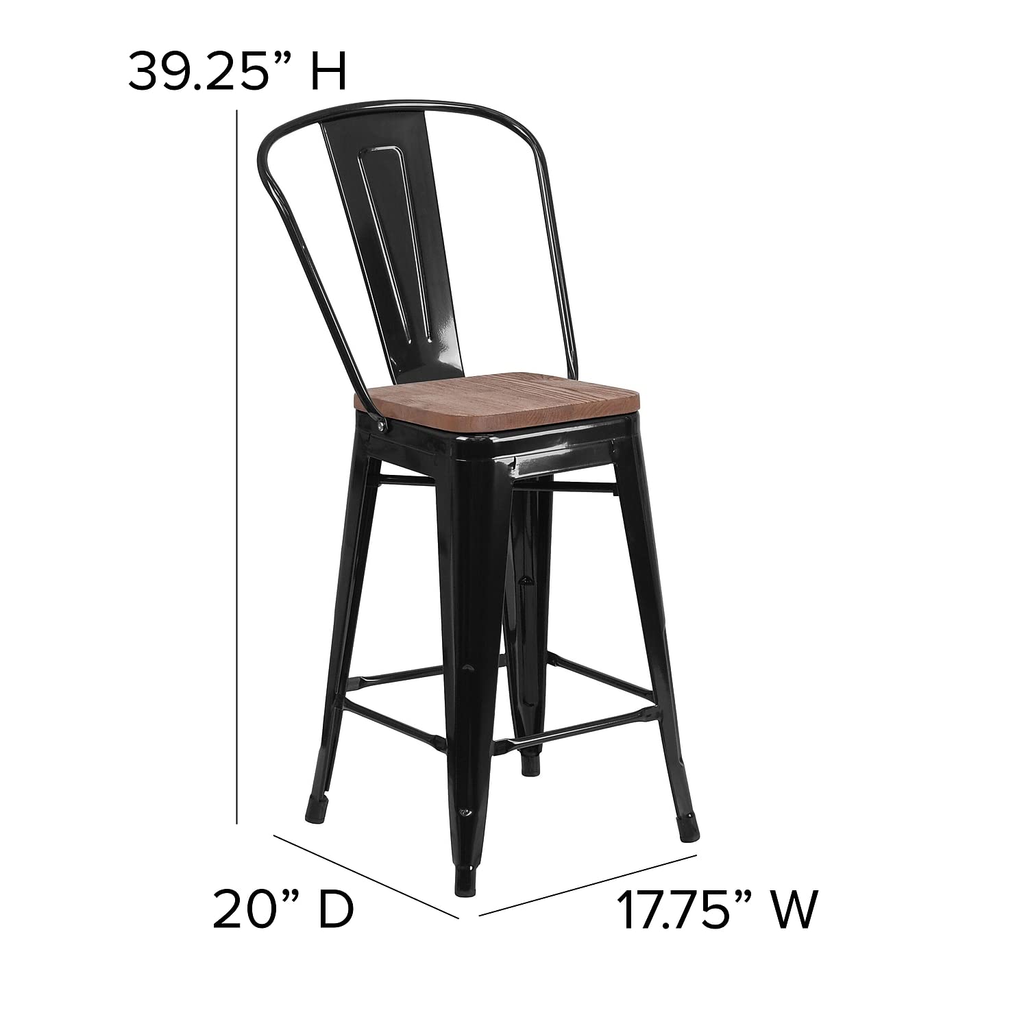 Flash Furniture Lily 24' High Black Metal Counter Height Stool With Back And Wood Seat (Pack Of 1)